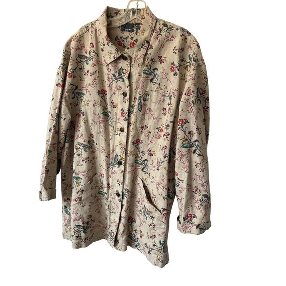 Vintage LizWear Sz L 90s Persian Floral Natural Linen Cotton Chore Jacket Coat - Picture 2 of 12